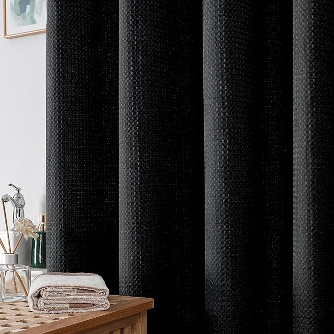 OWENIE Black Shower Curtain, Stall Small Waffle Weave Heavy Fabric Shower Curtains for Narrow Size Bathroom, Waterproof Soft Hotel Spa Luxury Bath Curtain Set, Machine Washable, Black, 36x72 Inch