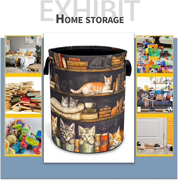 Cat On The Bookshelf Laundry Basket Cute Pet Foldable Waterproof Oxford Cloth Funny Tote Bag Laundry Hamper Clothes Storage Bucket Toy Organizer For Bathroom/Laundry Storage/Bedroom 18.9x16.5 Inch