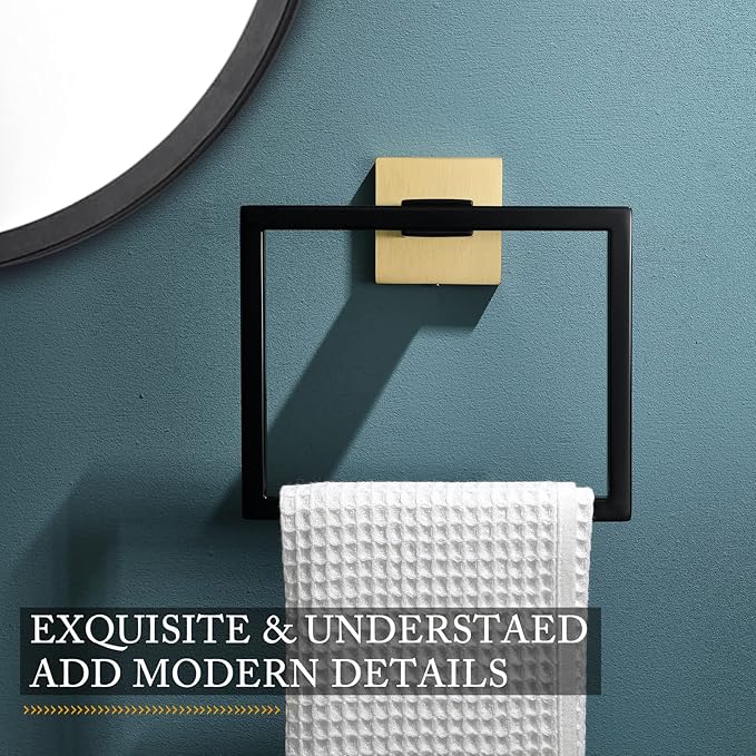 TNOMS Black and Gold Towel Ring Modern Square Hand Towel Bar,Towel Holder for Bathroom,Wall Mount Stainless Steel