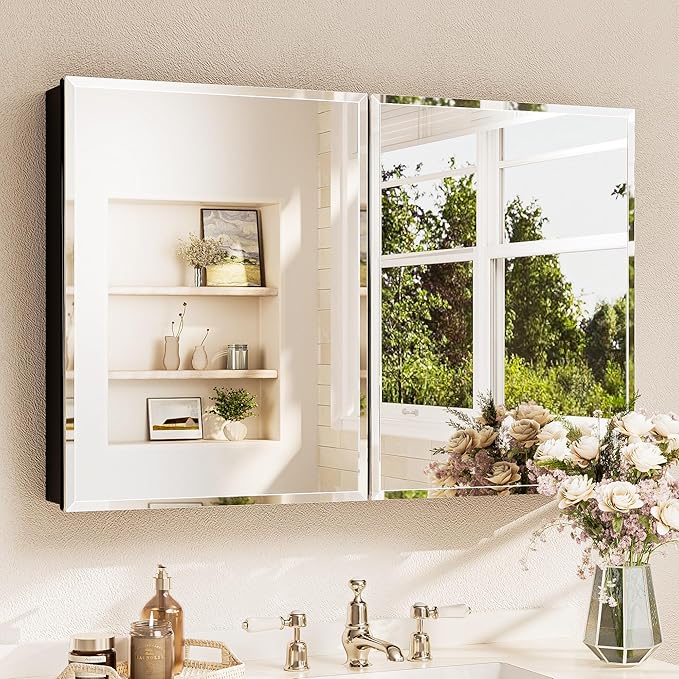 TETOTE 40 x 26 Bathroom Mirror with Storage with Tempered Beveled MirrorBlackMedicine Cabinet Aluminum Cabinet DTC Hinges, Stepless Adjustable Shelves, Recessed/Surface-Mounted