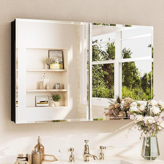 TETOTE 40 x 26 Bathroom Mirror with Storage with Tempered Beveled MirrorBlackMedicine Cabinet Aluminum Cabinet DTC Hinges, Stepless Adjustable Shelves, Recessed/Surface-Mounted