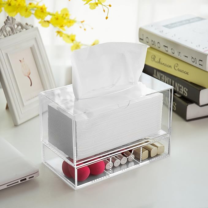 MyGift Modern Clear Acrylic Facial Tissue Dispenser Holder with Pull-Out Drawer for Makeup Cosmetics and Accessories, Vanity Countertop Bathroom Supplies Caddy