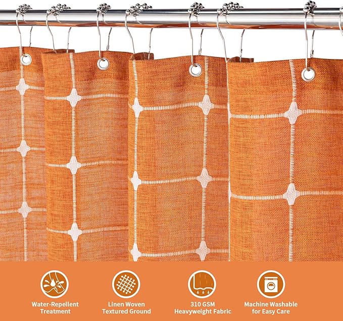 MitoVilla Orang Farmhouse Shower Curtain Set 72 x 78, Boho 78 inch Long Polyester Linen Tassel Fabric Shower Curtain Set for Chic Cottagecore French Rustic Bathroom Decor