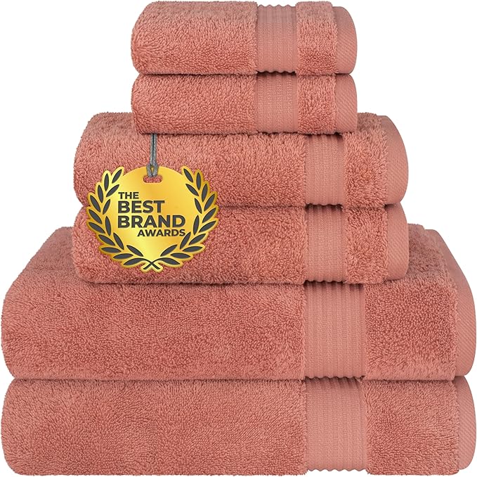 Cotton Paradise 6 Piece Towel Set, 100% Cotton Soft Absorbent Turkish Towels for Bathroom, 2 Bath Towels 2 Hand Towels 2 Washcloths, Coral Towel Set