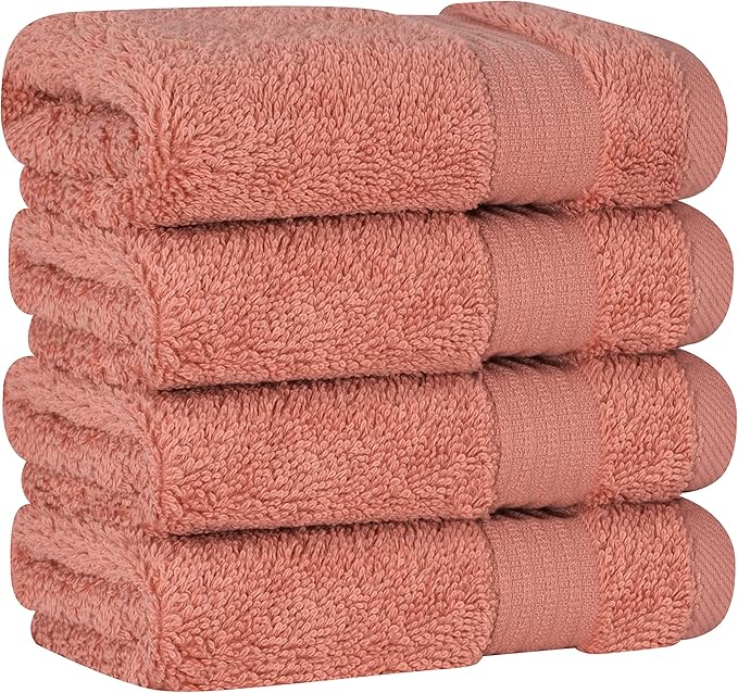 Cotton Paradise 100% Cotton Turkish Washcloth Set for Bathroom, 4 Piece Soft Absorbent Small Towels Wash Rags, Coral