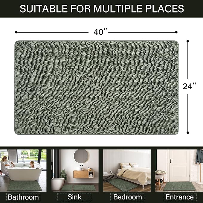 LOCHAS Luxury Bathroom Rug Shaggy Bath Mat 24 x 40 Inch, Washable Non Slip Bath Rugs for Bathroom Shower, Soft Plush Chenille Absorbent Carpets Mats, Sage Green