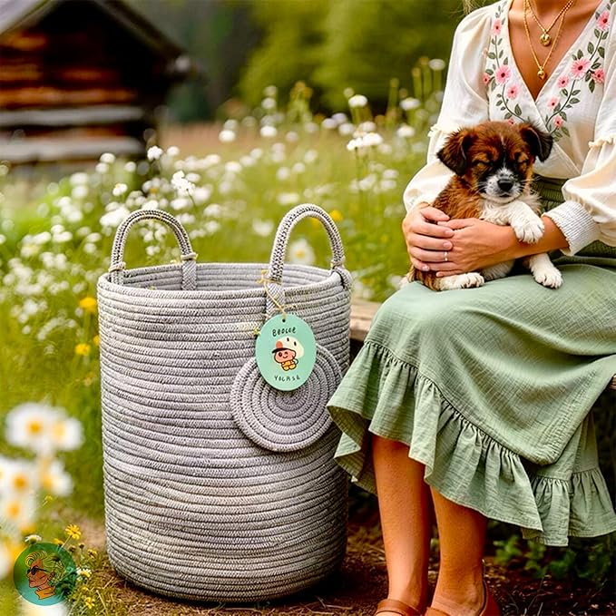 Modern Granny Medium Cotton Rope Laundry Hamper 14x16 Inch Dual Secure Woven Handle for Living Room Closet Clothes Blanket Organization
