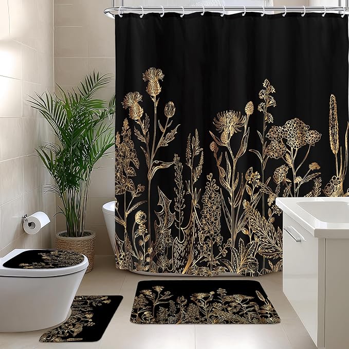 Riyidecor Vintage Black Gold Floral Wildflower 4Pcs Bathroom Shower Curtain Sets Botanical Leaves Bathroom Decor Set with Rugs and Accessories Rustic Toilet Lid Rug, Contour and Bath Mat with 12 Hooks