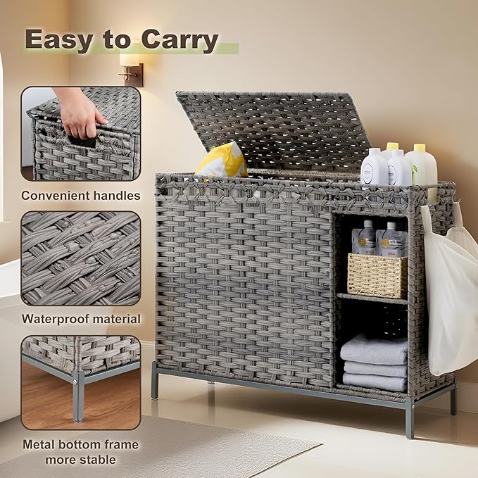 Gitelsnour Laundry Hamper with Lid, 130L (34.4 Gal) Rattan Laundry Hamper 3 Section with 50L(13.2 Gal) Storage Shelf, Wicker Woven Laundry Sorter Basket with 4 Liner Bags and Handles, Natural GLH003N