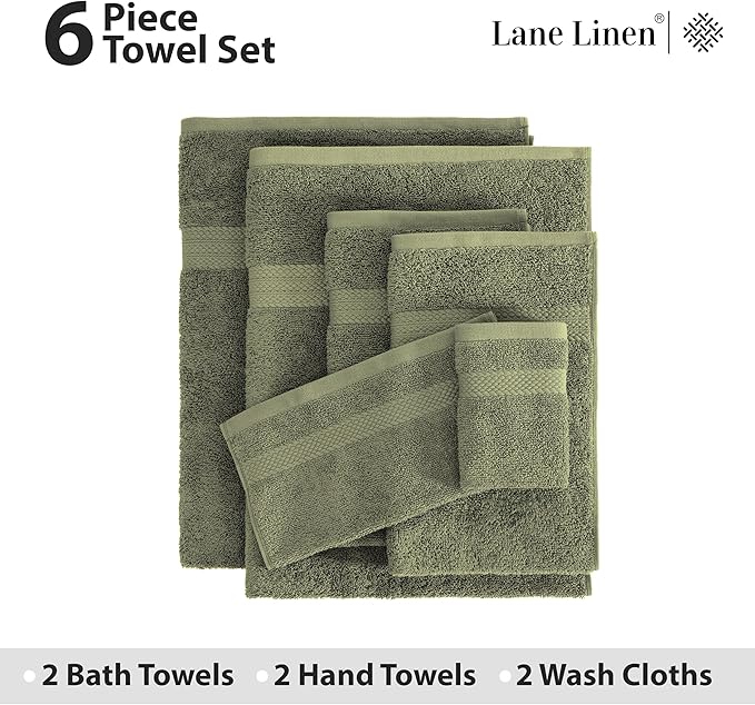LANE LINEN 100% Cotton Bathroom Towel Set - 6 Pcs - Ringspun, Quick Dry, Super Soft & Highly Absorbent - 2 XL Bath Towels, 2 Washcloths, 2 Hand Towels - Tumble Dry regains Fluffiness - Oil Green