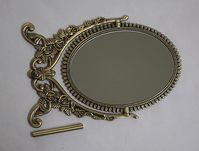 SEHAMANO Vintage Antique Embossed Roses Pattern Makeup Table Mirror, Decorative Oval Shaped Stand Mirror, Vanity Cosmetic Double Sided Rotatable Ellipse Metal Frame Mirror (Brass (Matt Gold), Medium)