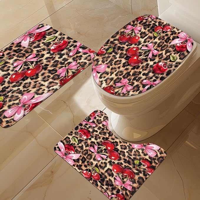 LIGHTINHOME 4 PCS Bow Cherry Leopard Shower Curtain Set 72Wx72H,Toilet Lid Cover,Non-Slip Rugs and U-Shaped Mat,Wildlife Cheetah Bathroom Sets with Rugs Shower Accessories 12 Hooks for Bathroom Decor