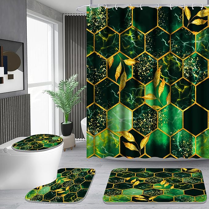 Poedist 4 Pcs Bathroom Shower Curtain Set,Green Honeycomb Marble Bathroom Sets with Rugs(Bath Mat,U Shape and Toilet Lid Cover Mat) and 12 Durable Hooks