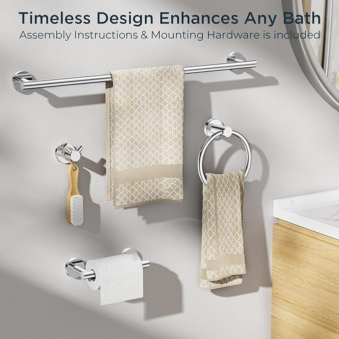 FORIOUS Bathroom Hardware Accessories Set, SUS304 Stainless Steel Towel Bar Set, Modern Towel Racks Holder for Bathroom, Toilet Paper Holder Wall Mounted 4 Pieces(24" Bar, Chrome)
