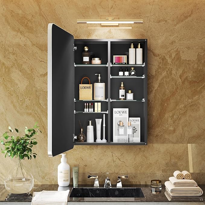 Silver Medicine Cabinet with Mirror 20x26 Inch, Anodized Aluminum Bathroom Cabinet, Rust Proof Recessed Wall Organizer, 6 Adjustable Glass Shelves, Soft Close, Modern Vanity Mirror