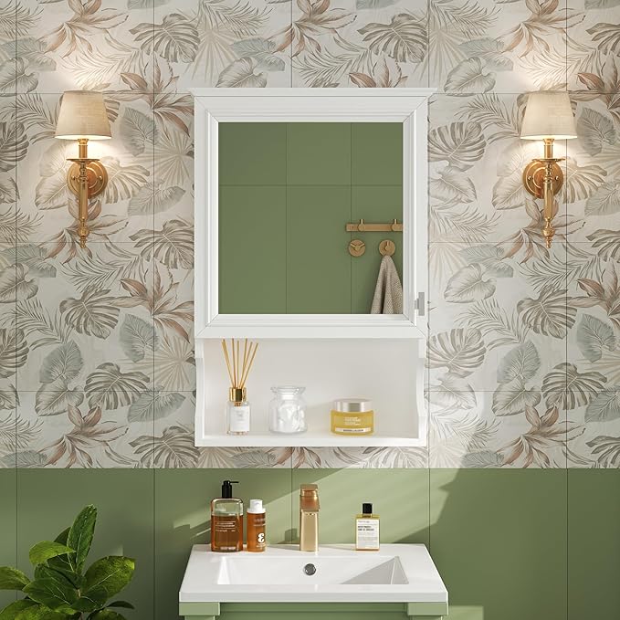 Merax Bathroom Wall Cabinet with Mirror, Wall Mounted Medicine Cabinet with Adjustable Shelves and Open Space, 20" x 28" Mirrored Door Over The Toilet Bathroom Storage Cabinet