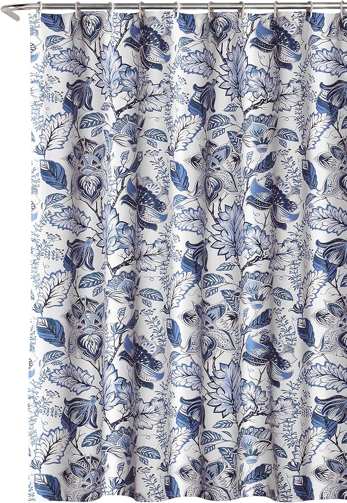 Lush Decor, Blue Cynthia Jacobean Shower Curtain-Fabric Floral Print Design,72 x 72