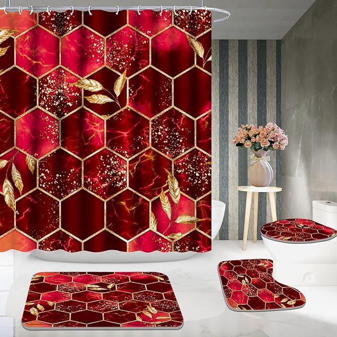Poedist 4 Pcs Bathroom Shower Curtain Set,Red Honeycomb Marble Bathroom Sets with Rugs(Bath Mat,U Shape and Toilet Lid Cover Mat) and 12 Durable Hooks