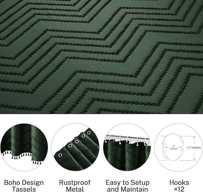 Dark Green Boho Shower Curtain with Tassel Woven Fabric Shower Curtain 72 x 72 Modern Farmhouse Textured Tufted Chevron Striped Minimalist Shower Curtains for Bathroom