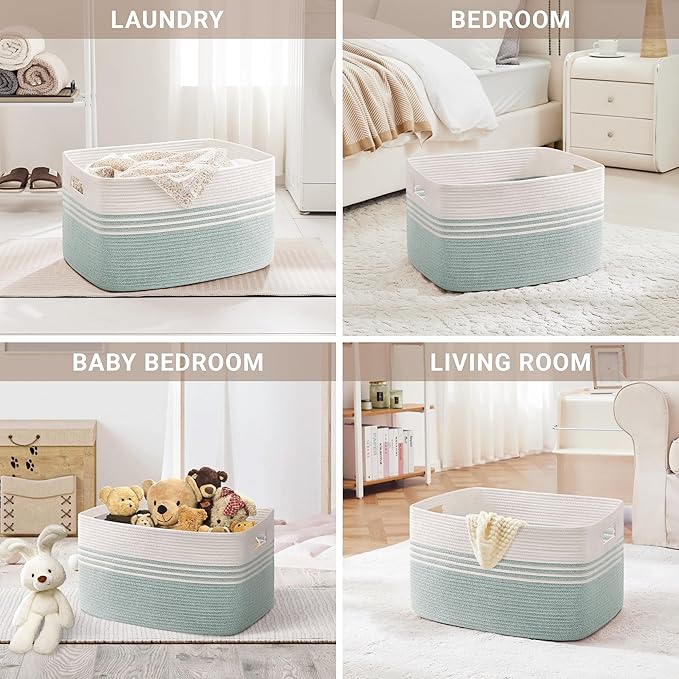 60L Laundry Basket for Living Room Storage, Woven Rope Baskets Bin for Blanket, Kids Toy, Gifts, Wicker Hamper for Bedroom Dirty Clothes, White Green