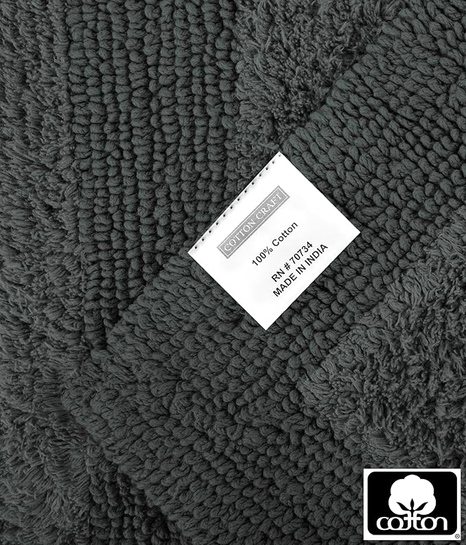 COTTON CRAFT Luxurious Bath Mat Rug - Set of 2 Reversible Heavyweight Step Out Bath Mats for Bathroom Floor, Tub and Shower - Pure Cotton Soft Plush Absorbent Hand Tufted Mat - 17 x 24 - Charcoal Grey