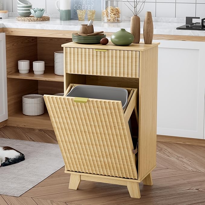 Double Tilt Out Laundry Hamper Cabinet, 20 Gallon Wooden Trash Can Cabinet with Storage Drawers, Hidden Fluted Garbage Can Holder for Kitchen, Living Room (Natural Wood, 20.47"W x 35.83"H x 13"D)