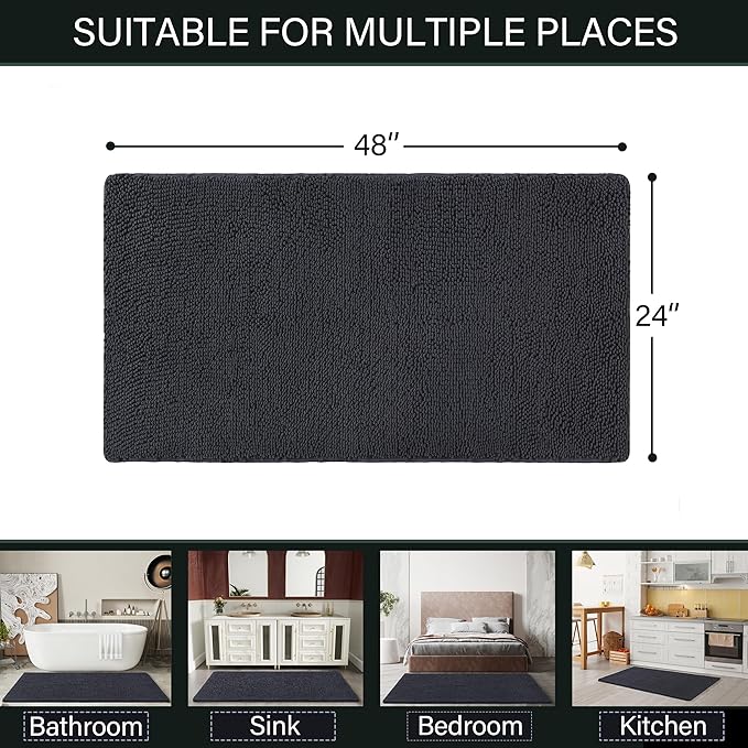 LOCHAS Luxury Bathroom Rug Shaggy Bath Mat 24 x 48 Inch, Washable Non Slip Bath Rugs for Bathroom Shower, Soft Plush Chenille Absorbent Carpets Mats, Dark Grey