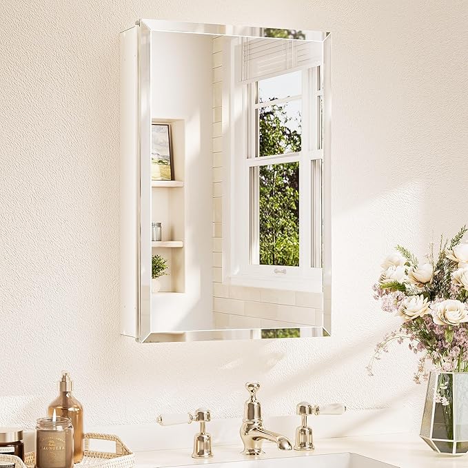 TETOTE 16 x 24 Medicine Cabinet with Tempered Beveled Mirror White Bathroom Mirror with Storage Aluminum Cabinet DTC Hinges, Stepless Adjustable Shelves, Recessed/Surface-Mounted