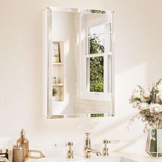 TETOTE 16 x 24 Medicine Cabinet with Tempered Beveled Mirror White Bathroom Mirror with Storage Aluminum Cabinet DTC Hinges, Stepless Adjustable Shelves, Recessed/Surface-Mounted