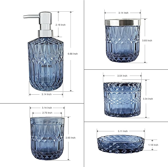 LaMarriti Blue Bathroom Accessories Set, 5Pcs Clear Glass Bathroom Accessories, Hand Soap Dispenser, Soap Dish, Toothbrush Holder Set, Qtips Holder for Crystal Vintage Bath Countertop Decor, Gift Set