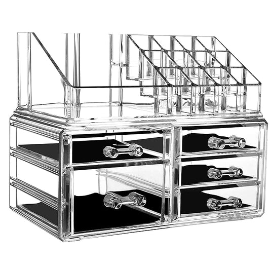Cq acrylic 2 Pack Clear Makeup Storage Organizer,Stackable 5 Drawers Make up Organizers,Cute Desk Organizer for Vanity Jewelry,Hair Clip,Beauty,Skincare Product Bathroom Counter Organizers and Storage