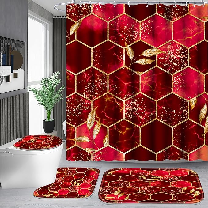 Poedist 4 Pcs Bathroom Shower Curtain Set,Red Honeycomb Marble Bathroom Sets with Rugs(Bath Mat,U Shape and Toilet Lid Cover Mat) and 12 Durable Hooks