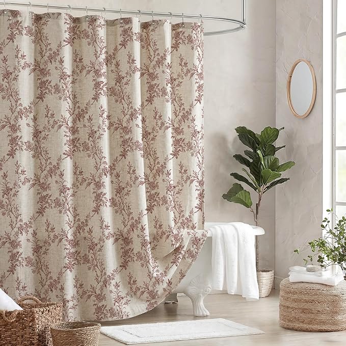 Brown Floral Farmhouse Vintage Linen Shower Curtain, French Country Cottagecore Shower Curtain for Bathroom