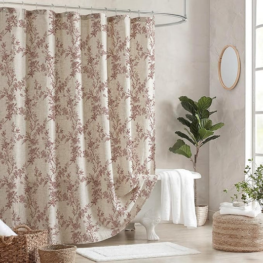 Brown Floral Farmhouse Vintage Linen Shower Curtain, French Country Cottagecore Shower Curtain for Bathroom
