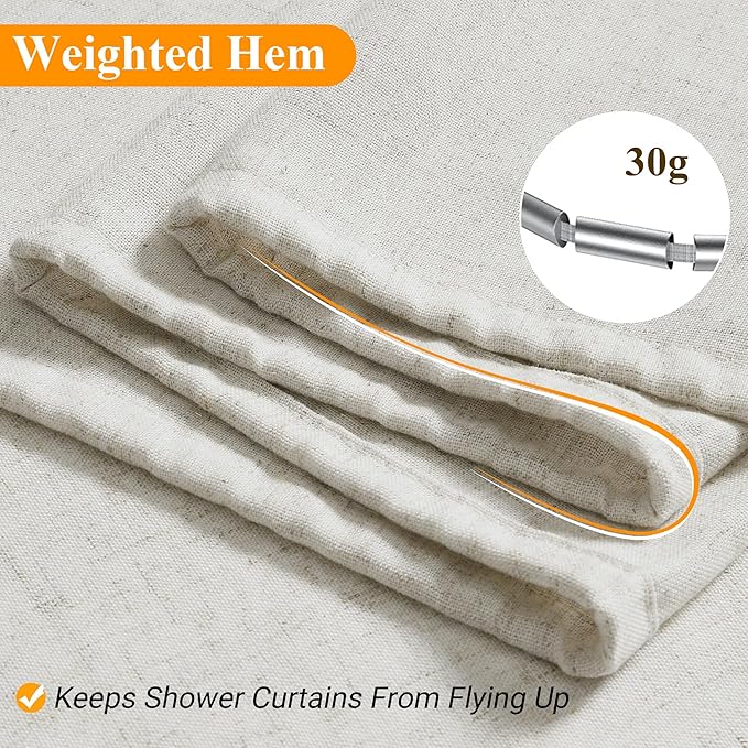 Neutral Extra Long Linen Shower Curtains 76 Inches Long for Bathroom Neutral Boho Farmhouse Water Repellent Vintage Country Style Rustic Decor Bath Drapes with Hooks 72x76