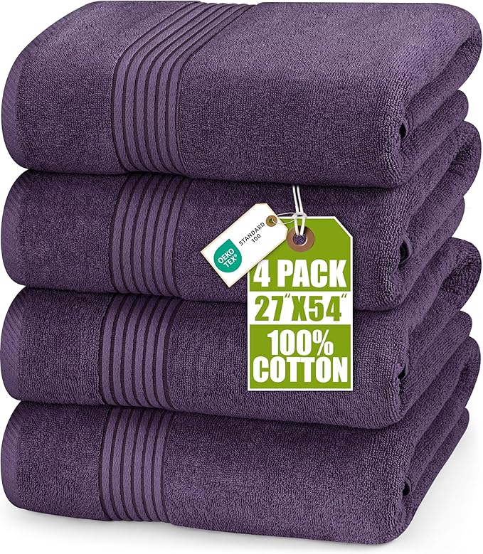 Utopia Towels Luxurious Bath Towels Set, 27 x 54 Inches 100% Ring Spun Cotton, 4 Pack Plum