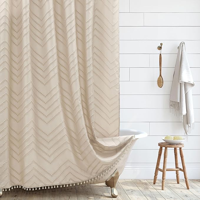 Extra Long Beige Boho Shower Curtain with Tassel, Woven Fabric 90 in, Tufted Chevron Striped, 72 x 90, Modern Chic Textured Minimalist Bathroom