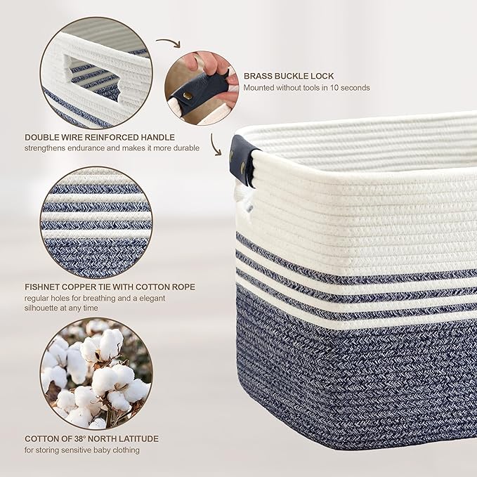 100L Extra Large Laundry Basket with Leather Handles for Living Room Storage,Woven Rope Baskets for Blanket,Kids Toy,Gifts,Wicker Hamper for Bedroom Dirty Clothes,24"x16"x16" Denim Blue