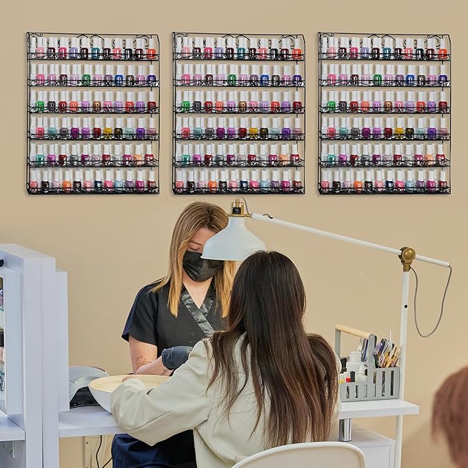 AMT 6 Tier Metal Nail Polish Racks for The Wall, Up to 132 Bottles, Clear Quality Nail Polish Display, Essential Oils Organizer (132 Bottles or 60 Jars - Black)