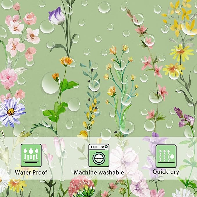 Green Floral Pretty Shower Curtain Flower Wildflower Bathroom Shower Curtain Set Boho Cute Shower Curtains Cloth Fabric Shower Curtain
