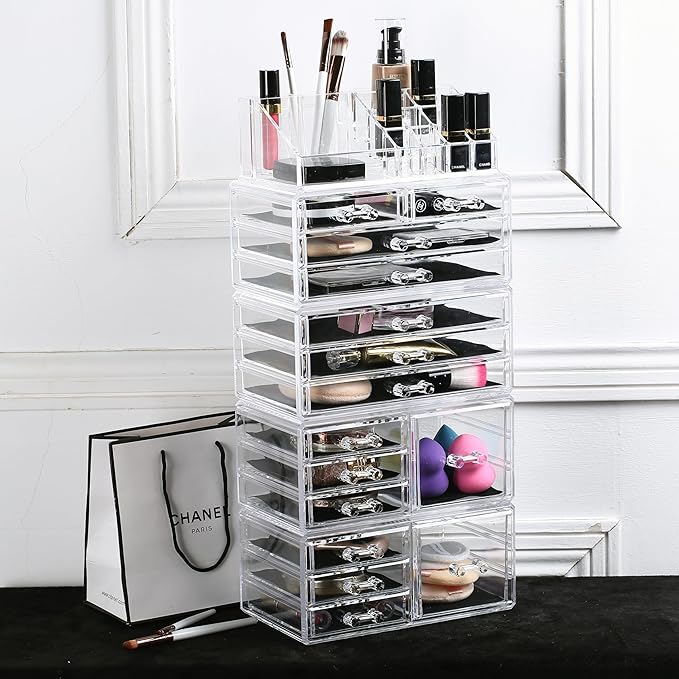 Ikee Design 5 Pcs Set Acrylic Makeup Organizer with 15 Drawers and Removable Top Lipstick Holders, Ideal for Make-up, Accessories,Enhance Your Vanity or Bathroom with Clear Design for Quick Visibility