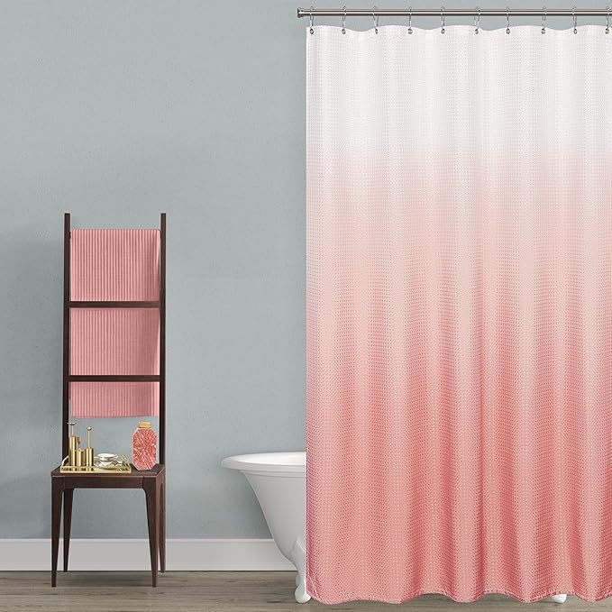 Mrs.Naturall Pink Blush Shower Curtains for Bathroom Cute Teen Girls Kids Shower Curtain Sets White and Pink Boho Ombre Rose Gold Shower Curtain with Hooks 70 x 72 Inch Coral Peach Dusty Rose
