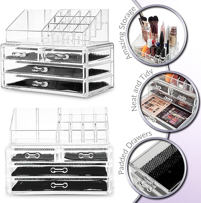 DECO EXPRESS Makeup Organiser for Women Teenagers Acrylic Drawers Makeup Storage 12cm x 24cm x 22cm Clear Bathroom Bedroom Dressing Table Organiser Jewelry Beauty Skincare 4 Tier Cosmetic Storage Box