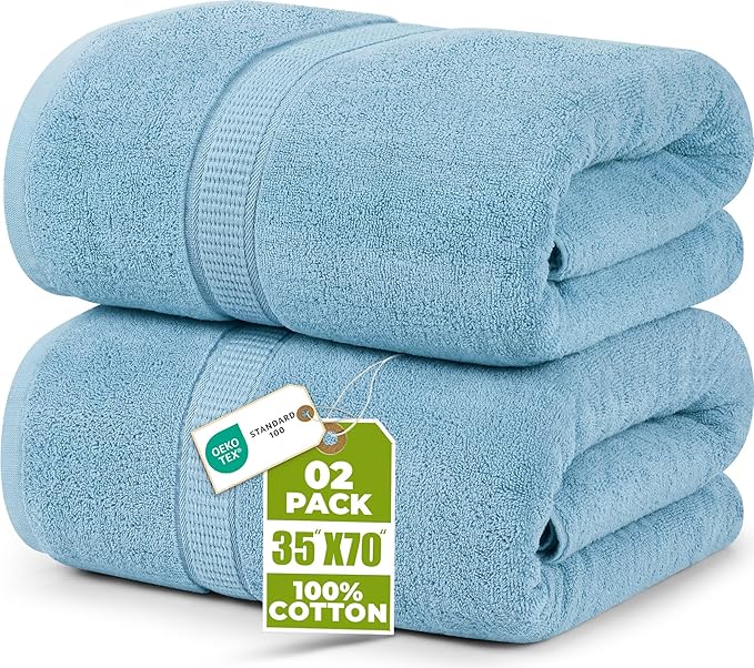 Utopia Towels Luxurious Jumbo Bath Sheet 2 Piece, 600 GSM, 35 by 70 Inches, 100% Ring Spun Cotton, Highly Absorbent and Quick Dry Extra Large Bath Towel, Super Soft Towel, Sky Blue
