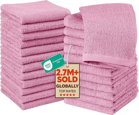 Utopia Towels 24 Pack Cotton Washcloths Set, 100% Ring Spun Cotton, Premium Quality Flannel Face Cloths, Highly Absorbent and Soft Feel Fingertip Towels, Pink
