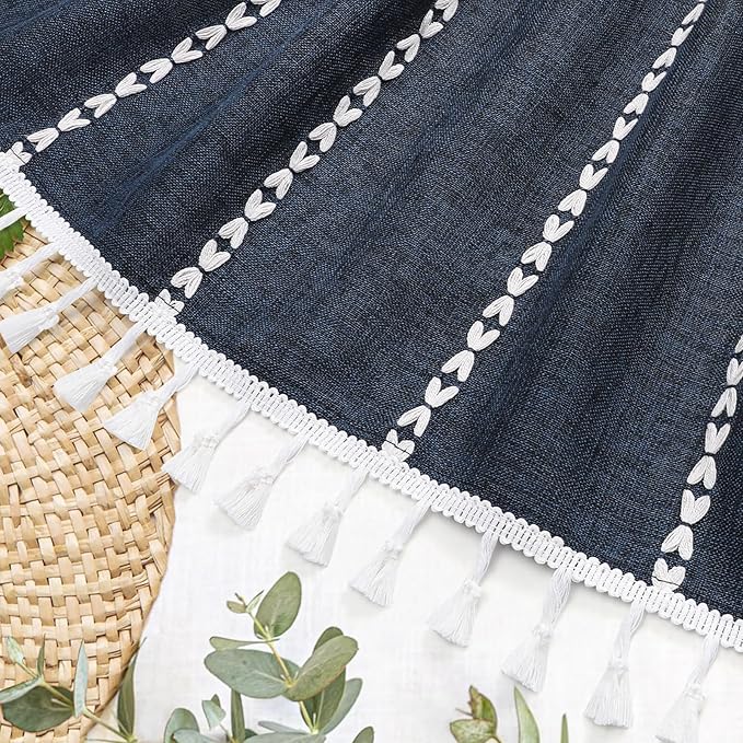 MitoVilla Boho Extra Long Shower Curtain 72 x 84, Navy Modern Farmhouse 84 inch XL Polyester Linen Texture Tassel Fabric Shower Curtain Set with Hooks for Cottagecore Country Bathroom Decor,Navy