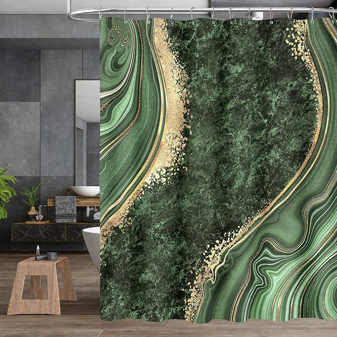 4PCS Sage Green Marble Shower Curtain Sets with Rugs, Luxury Bathroom Sets with Shower Curtain and Rugs, Abstract Bathroom Curtains Shower Set with Toilet Lid Cover for Bathroom Decor