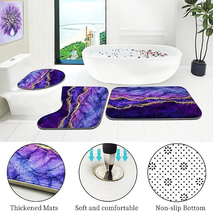 4 Piece Bathroom Set with Shower Curtain and Rugs, Gold Purple, Incl 12 Hooks, Soft Bath Mat, U-Shaped Floor Mat, Toilet Lid Oval Rug