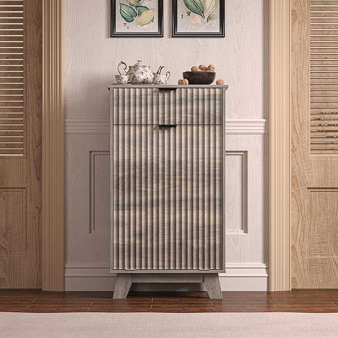 Wodeer Tilt Out Laundry Hamper Cabinet with Storage and Drawer, 10 Gallon Fluted Hidden Trash Can Cabinet, Farmhouse Wood Laundry Basket Cabinets for Bathroom, Kitchen, Grey