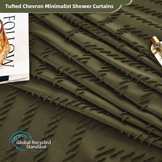 Extra Long Olive Green Boho Shower Curtain with Tassel, Woven Fabric 90 in Shower Curtain, Tufted Chevron Striped, 72 x 90, Modern Chic Textured Minimalist Bathroom Shower